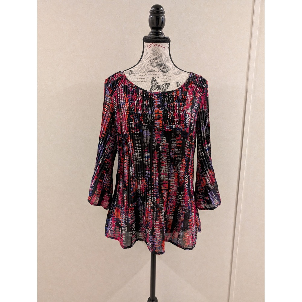 Fashion Bug Multicolor Sheer Peasant Blouse Smocked Pintuck Boho Women's Small